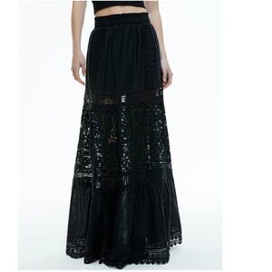 Alice & Olivia black Linen REISE EMBROIDERED TIERED MAXI SKIRT